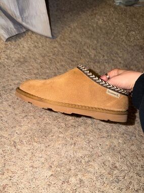 BearPaw Tan Suede Slip-On Mule with Patterned Trim